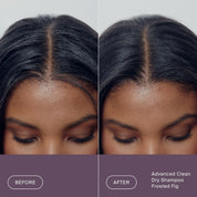 A woman’s scalp shown before and after using Perfect hair Day™ Frosted Fig Advanced Clean Dry Shampoo. The after image displays cleaner, less oily hair along the part, highlighting the refreshing results of this limited-edition dry shampoo.