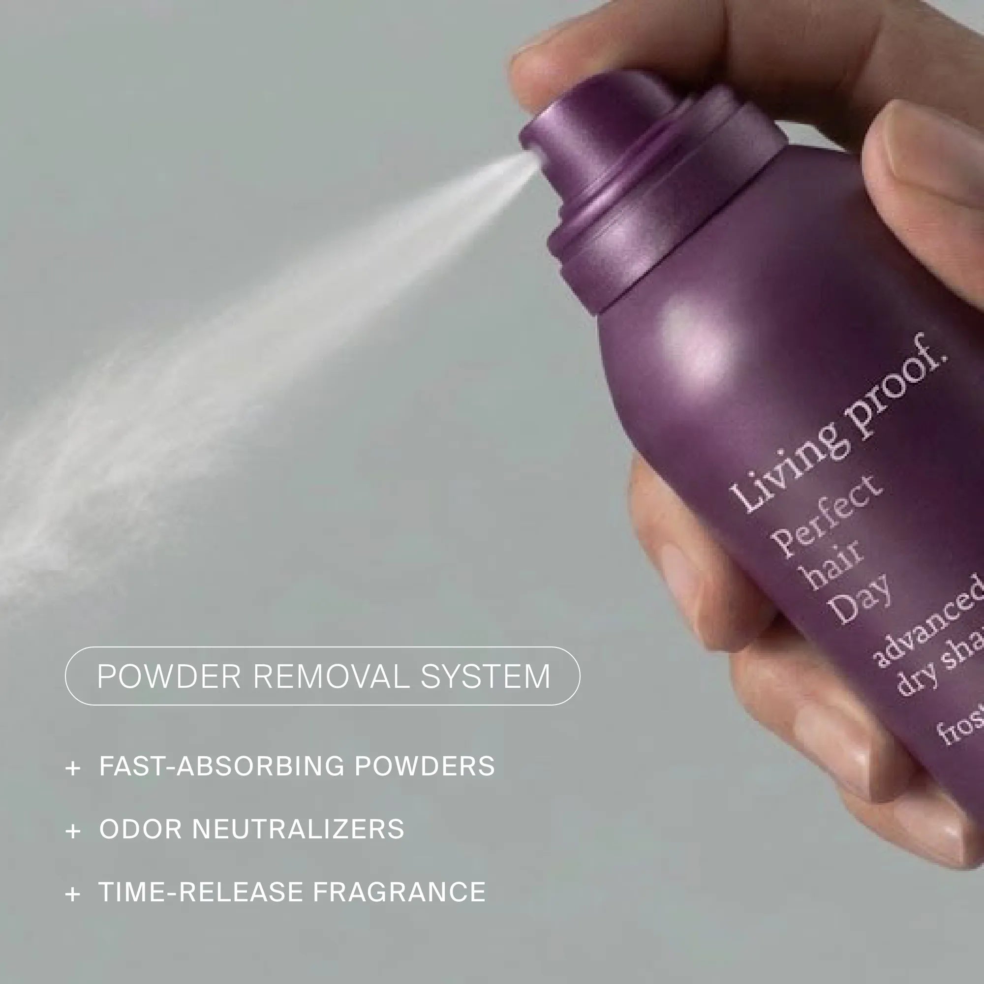 A hand sprays a purple limited-edition canister of Perfect hair Day™ Frosted Fig Advanced Clean Dry Shampoo. Text on a gray background highlights its powder removal system, fast-absorbing powders, odor neutralizers, and time-release fragrance featuring fig and coconut notes.
