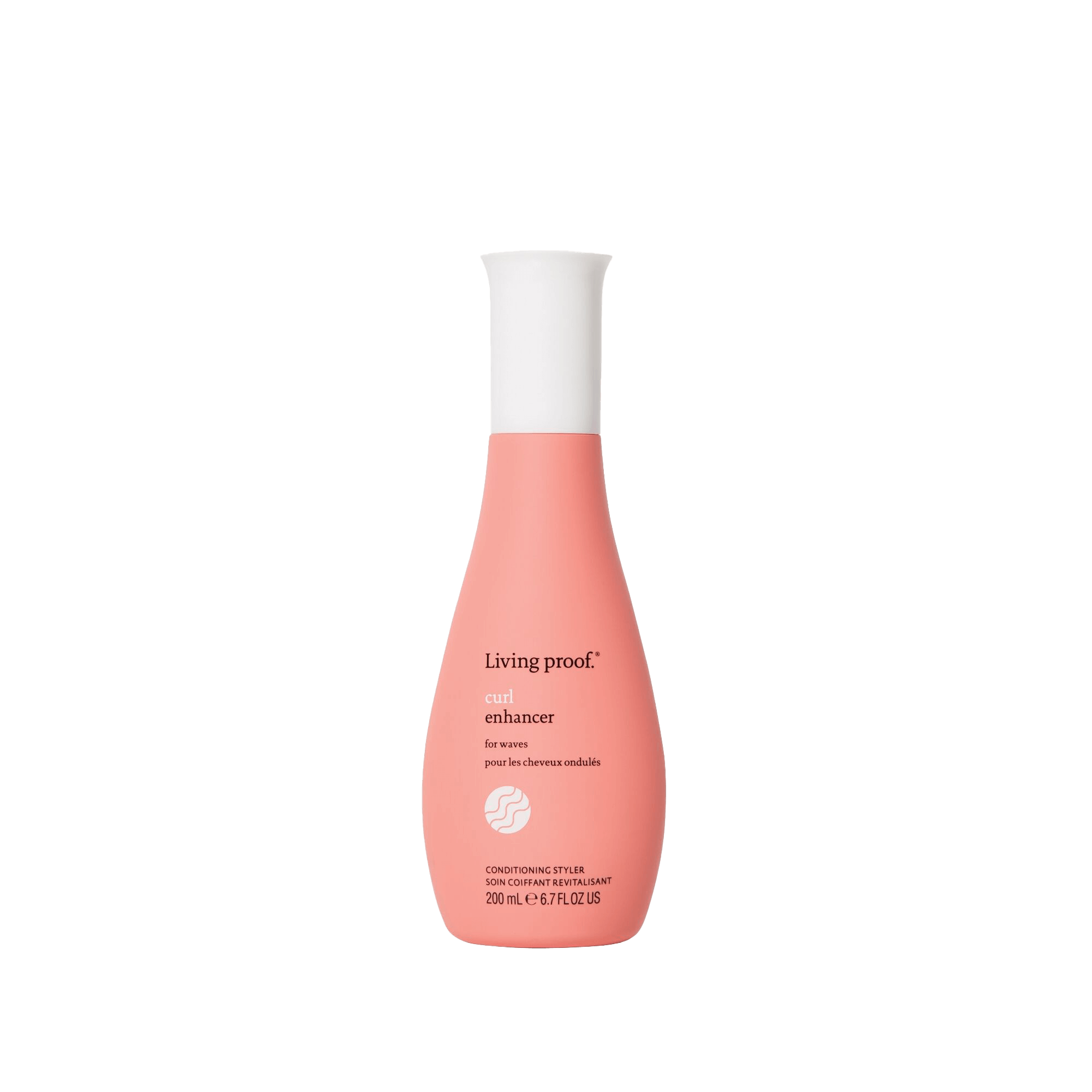 A pink Curl Enhancer bottle with a white cap, designed for waves, protects against frizz and boosts natural texture; features black product details on the front.