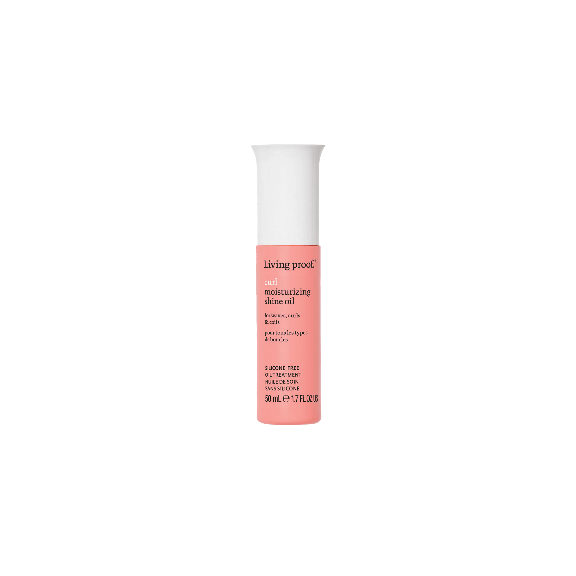 A pink and white 50 ml bottle of Curl Moisturizing Shine Oil highlights its biomimetic oil formula that restores natural hair lipids. Designed for waves, curls, and coils, this silicone-free oil enhances shine and moisture.