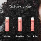 A coral-colored Curl Conditioner bottle is shown against dark, defined curls. Text reads: Curl care routine for all curl types. Step 2: Condition with Curl Conditioner.