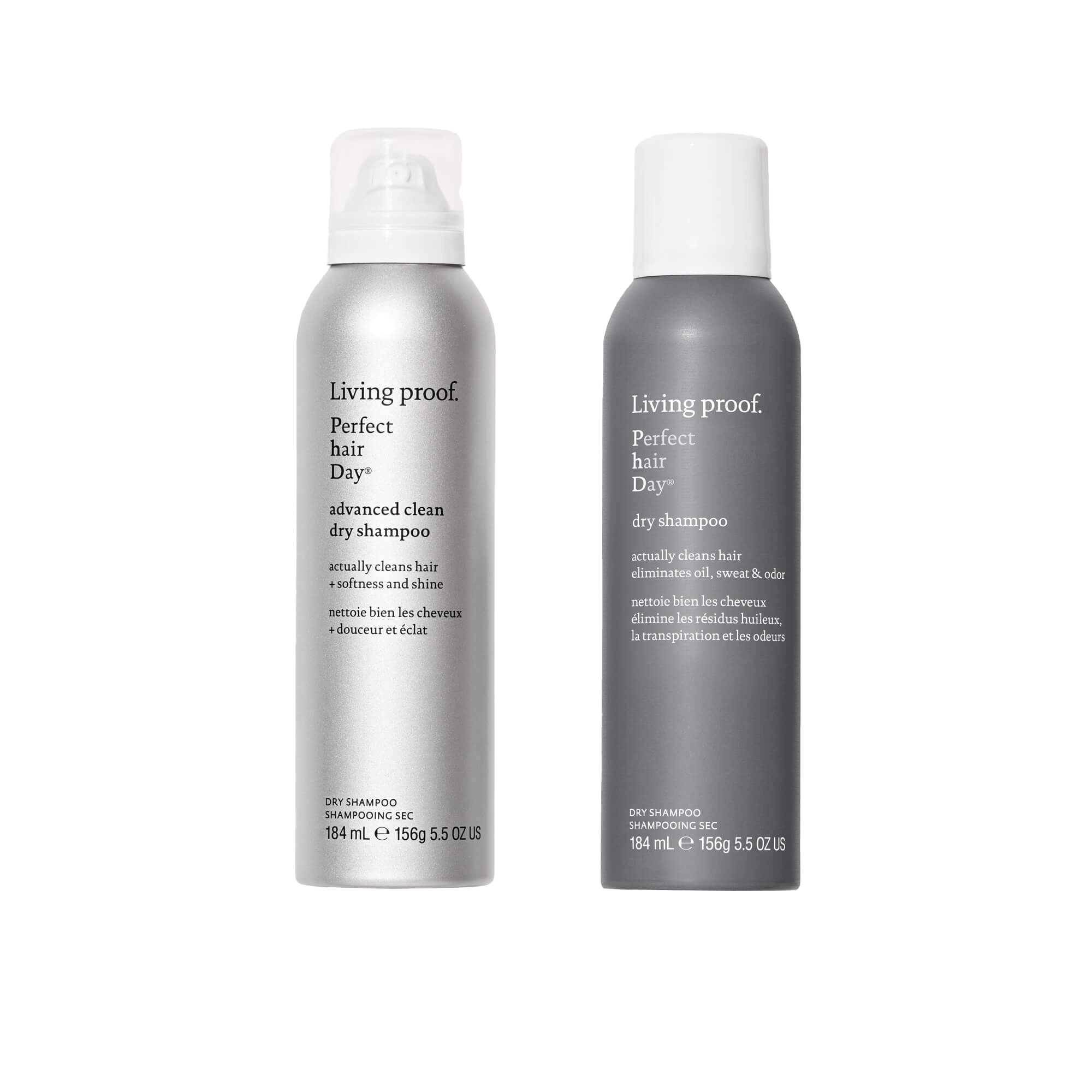 The Clean Hair Duo features two Living Proof Perfect hair Day™ Dry Shampoos: one metallic silver bottle labeled Advanced Clean Dry Shampoo and one matte gray, both with white caps and white text, standing side by side.