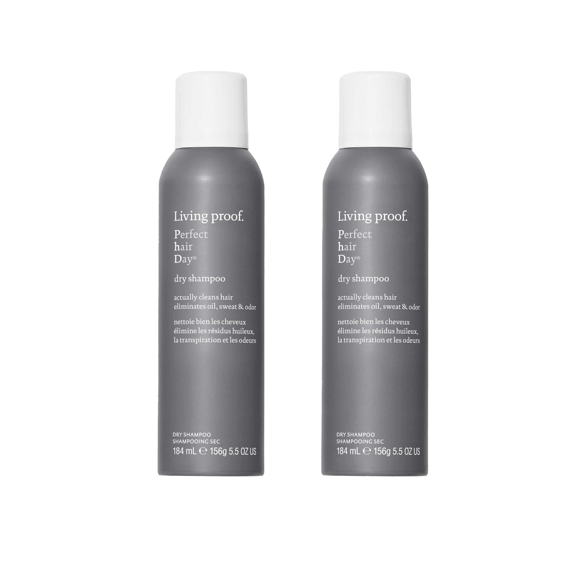 Two gray aerosol cans of the Dry Shampoo Duo stand upright side by side on a white background, each featuring white text and a white cap. Designed to absorb oil, theyre perfect for refreshing hair.