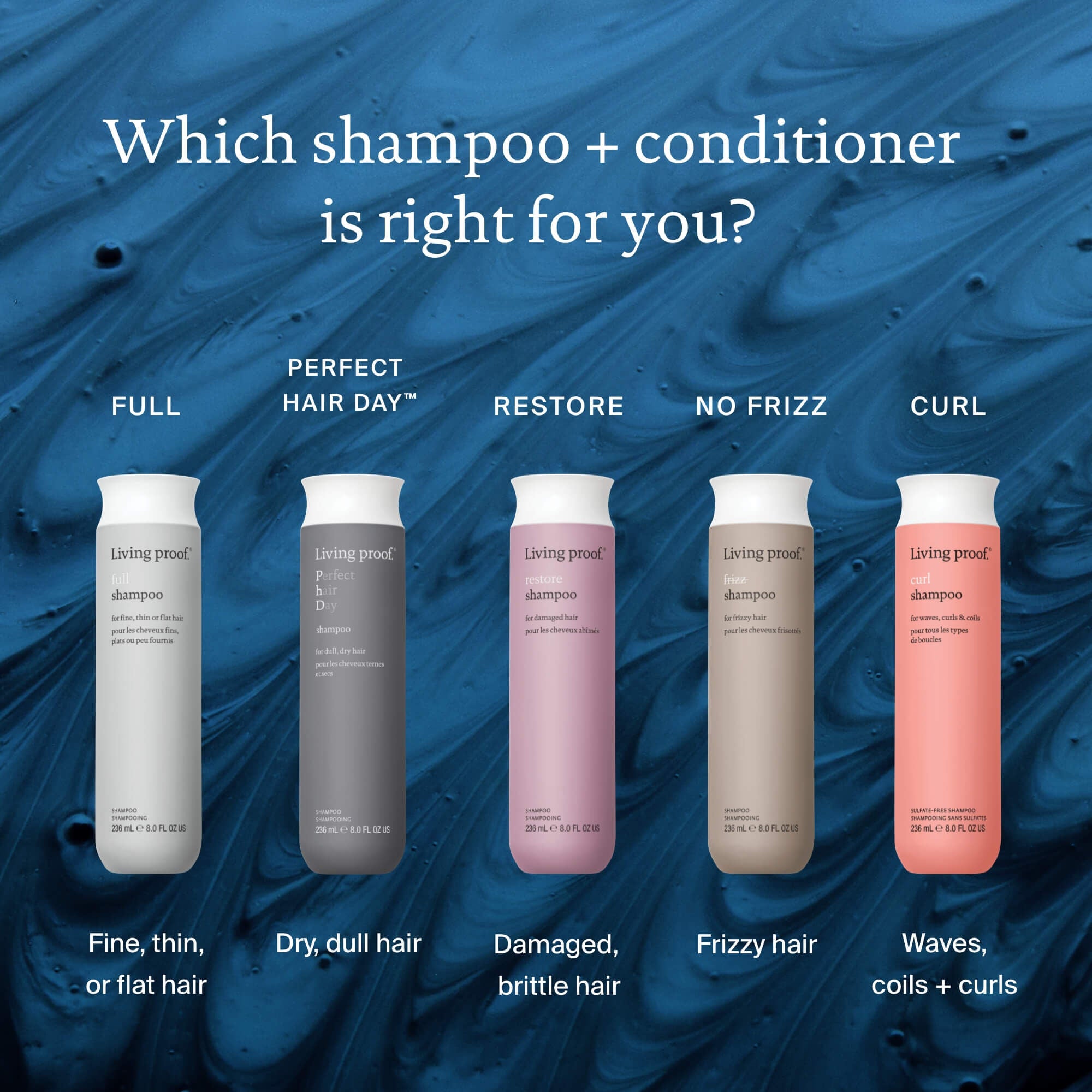 Which shampoo and conditioner is right for you? Full is for fine, thin, or flat hair. Perfect Hair Day is for dry, dull hair. Restore is for damaged, brittle hair. No Frizz is for frizzy hair. Curl is for waves, coils and curls.