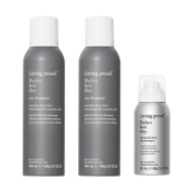 Three bottles from The Original Clean Set are displayed upright against a white background. The labels, in both English and French, describe the products’ purpose—offering effective oil absorption and odor removal for refreshed hair.