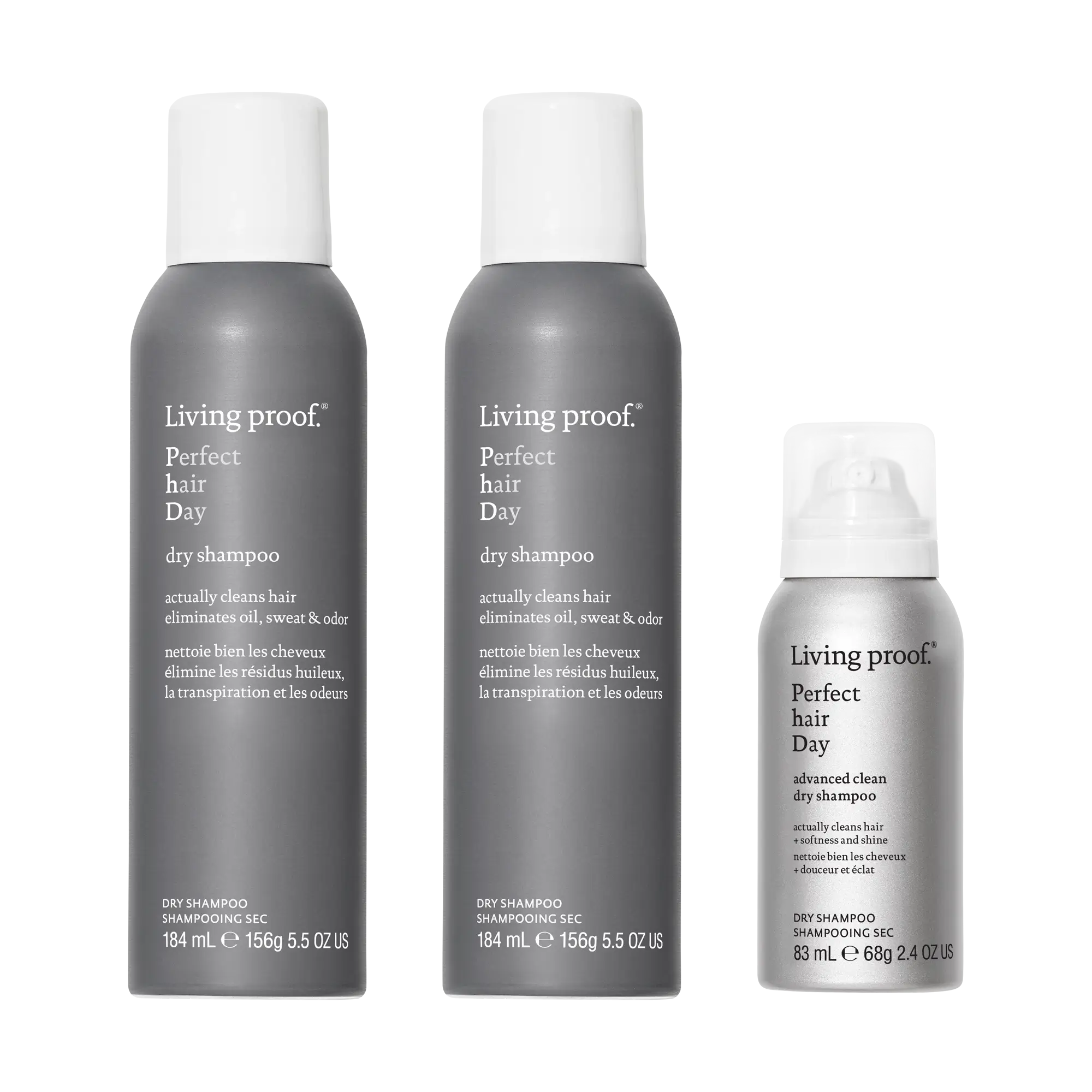 Three bottles from The Original Clean Set are displayed upright against a white background. The labels, in both English and French, describe the products’ purpose—offering effective oil absorption and odor removal for refreshed hair.