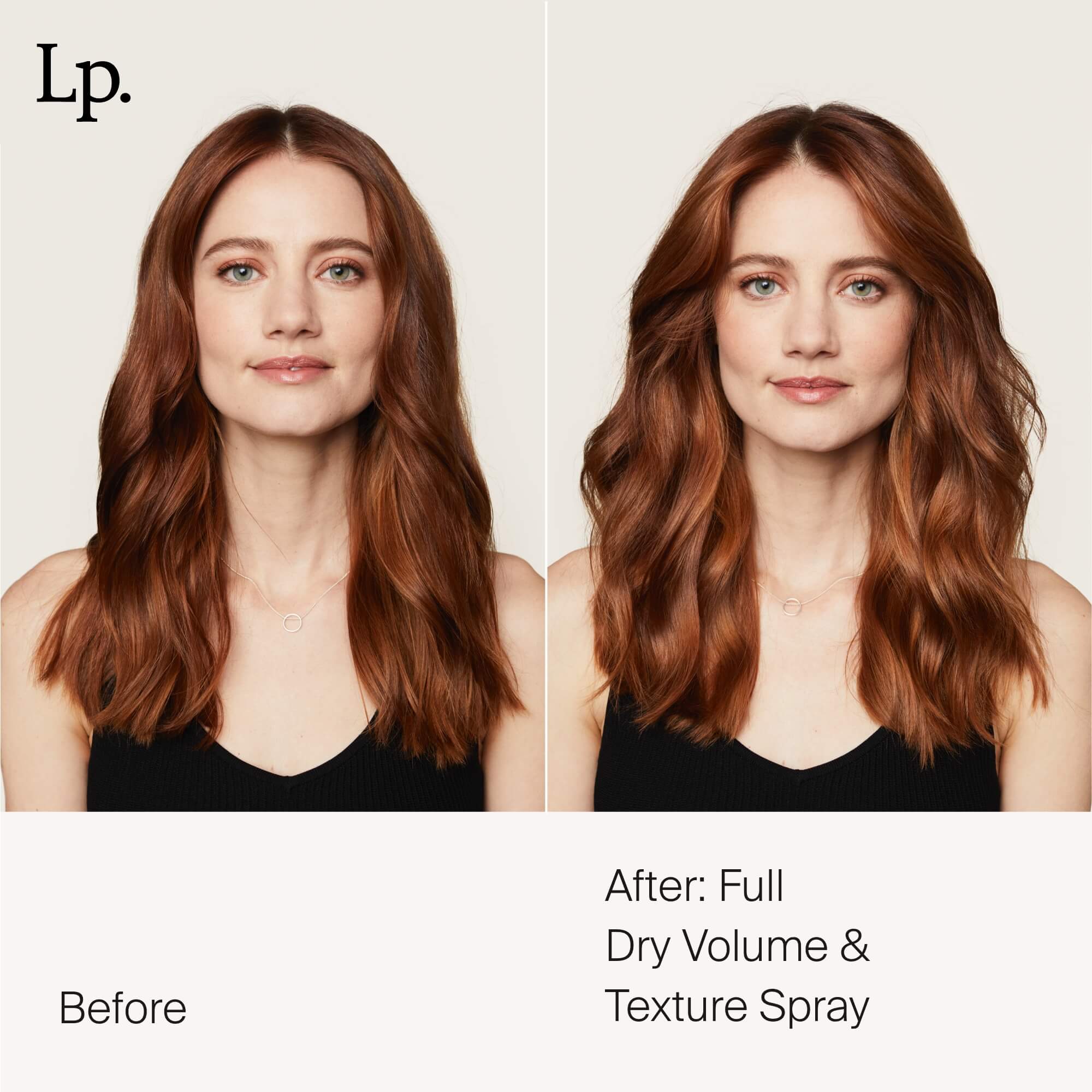 Side-by-side comparison of a woman with long auburn hair: Left, her hair is smooth and straight; right, after using Full Dry Volume & Texture Spray, her hair looks fuller, wavier, and beautifully textured.