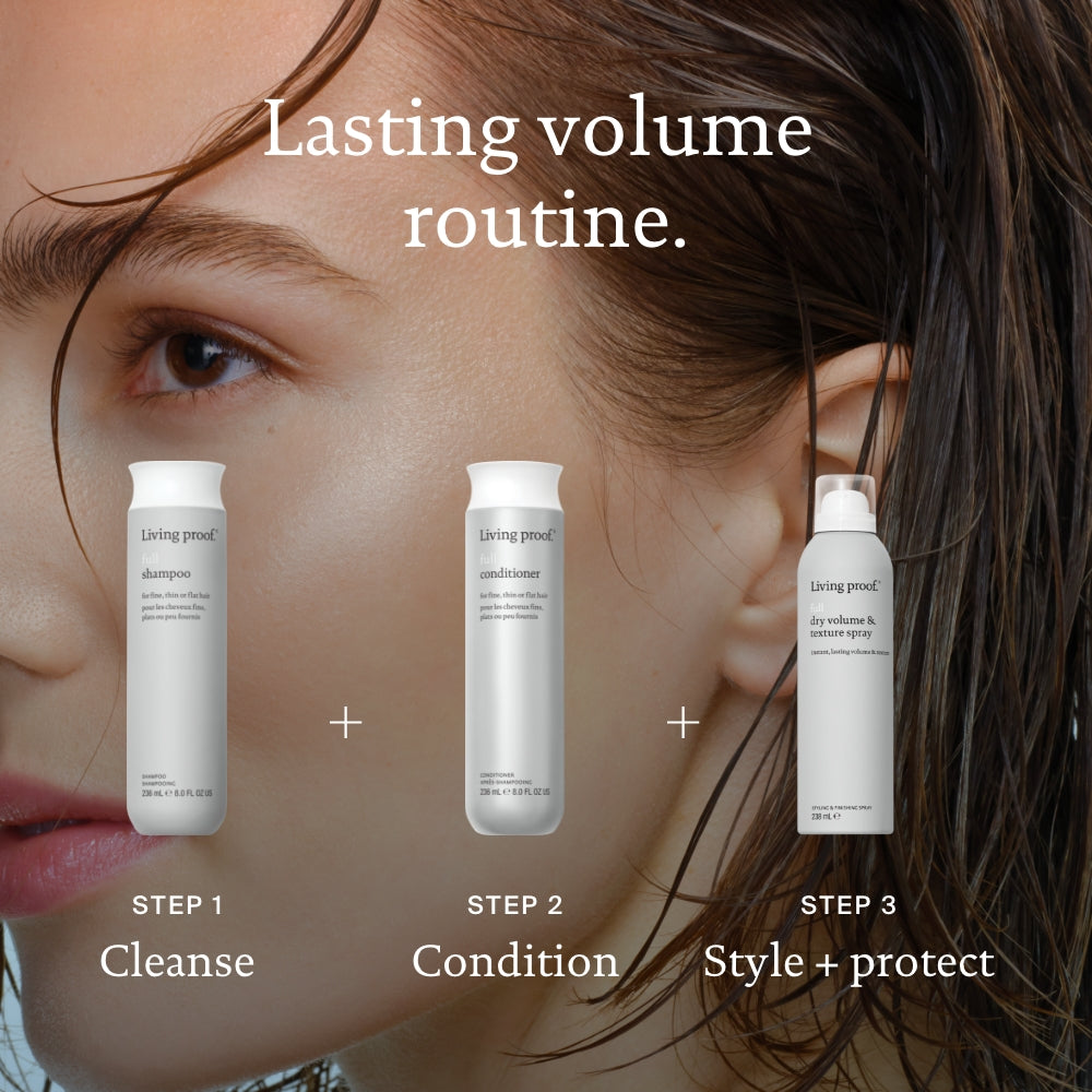 Close-up of a womans wet hair and face, highlighting three hair products—shampoo (cleanse), Full Conditioner (condition), and styling spray (style + protect)—for improved hair texture. Text: Lasting volume routine.