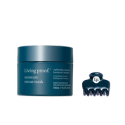 A teal jar of the Moisture Rescue Mask + Claw Clip Bundle is shown, with the mask’s label highlighting hydrating and barrier-replenishing benefits, and a dark teal Living Proof claw clip featuring Lp. printed on it beside the jar.