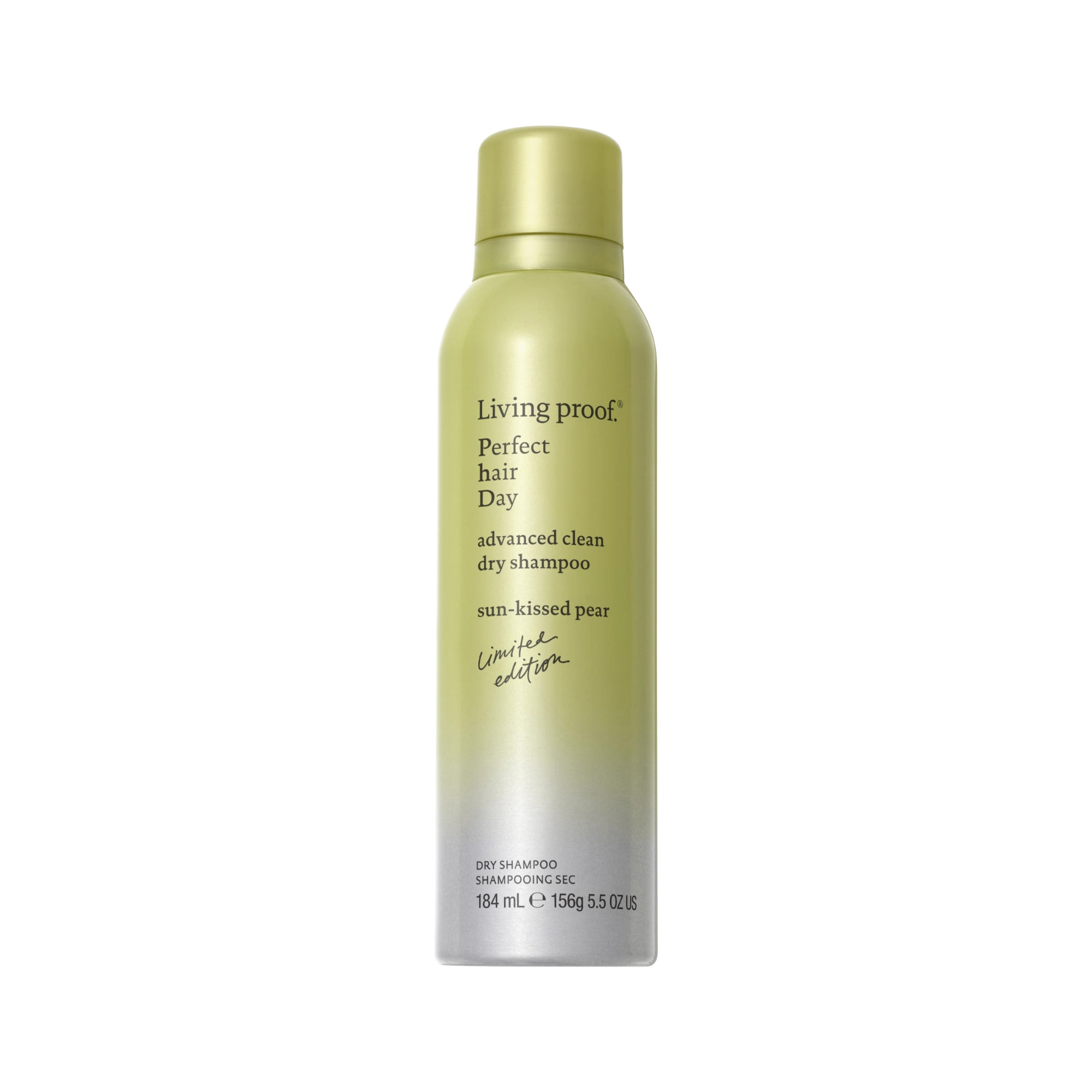 Green and gray bottle of Advanced Clean Dry Shampoo Sun-kissed Pear