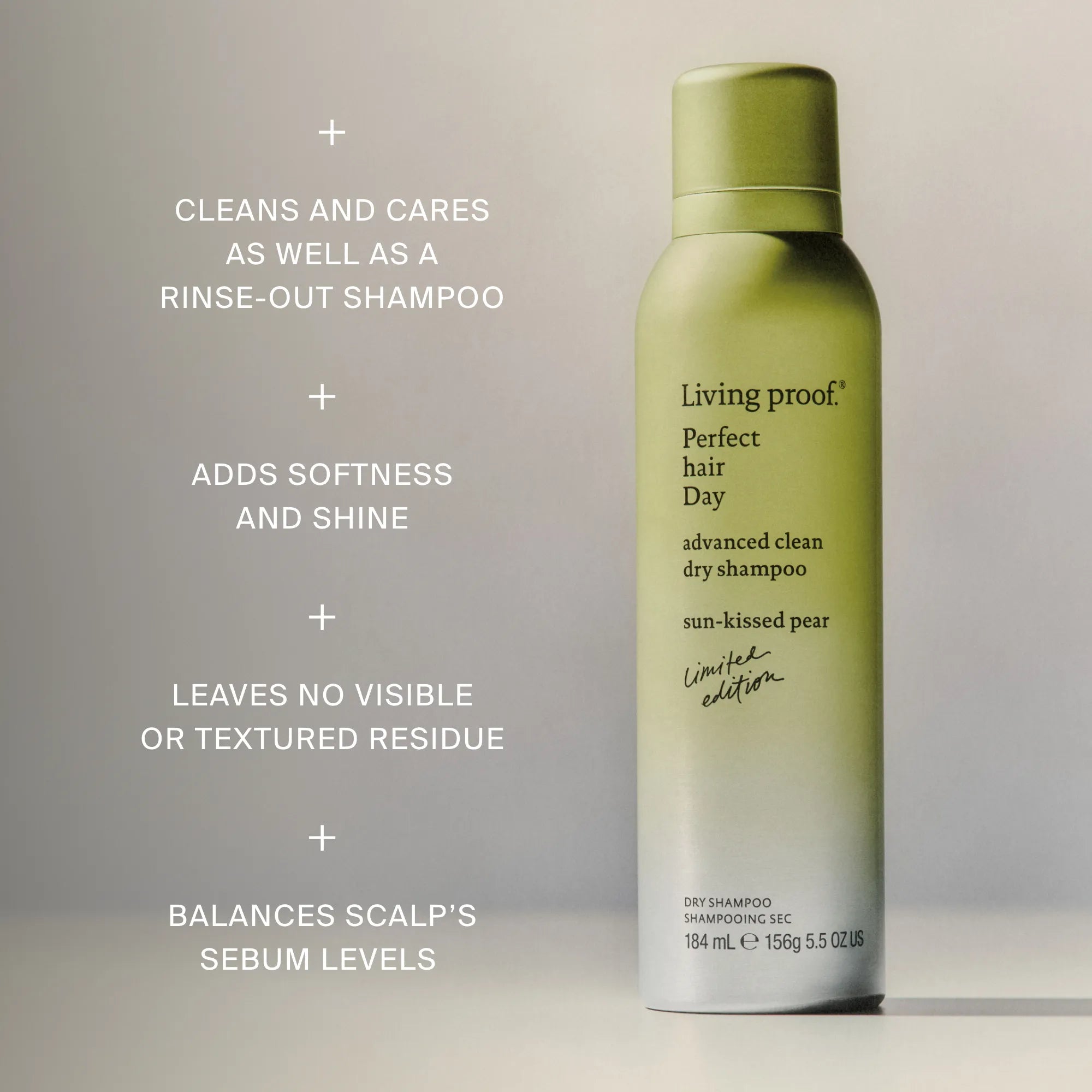 Living Proof dry shampoo bottle with product features on a neutral background
