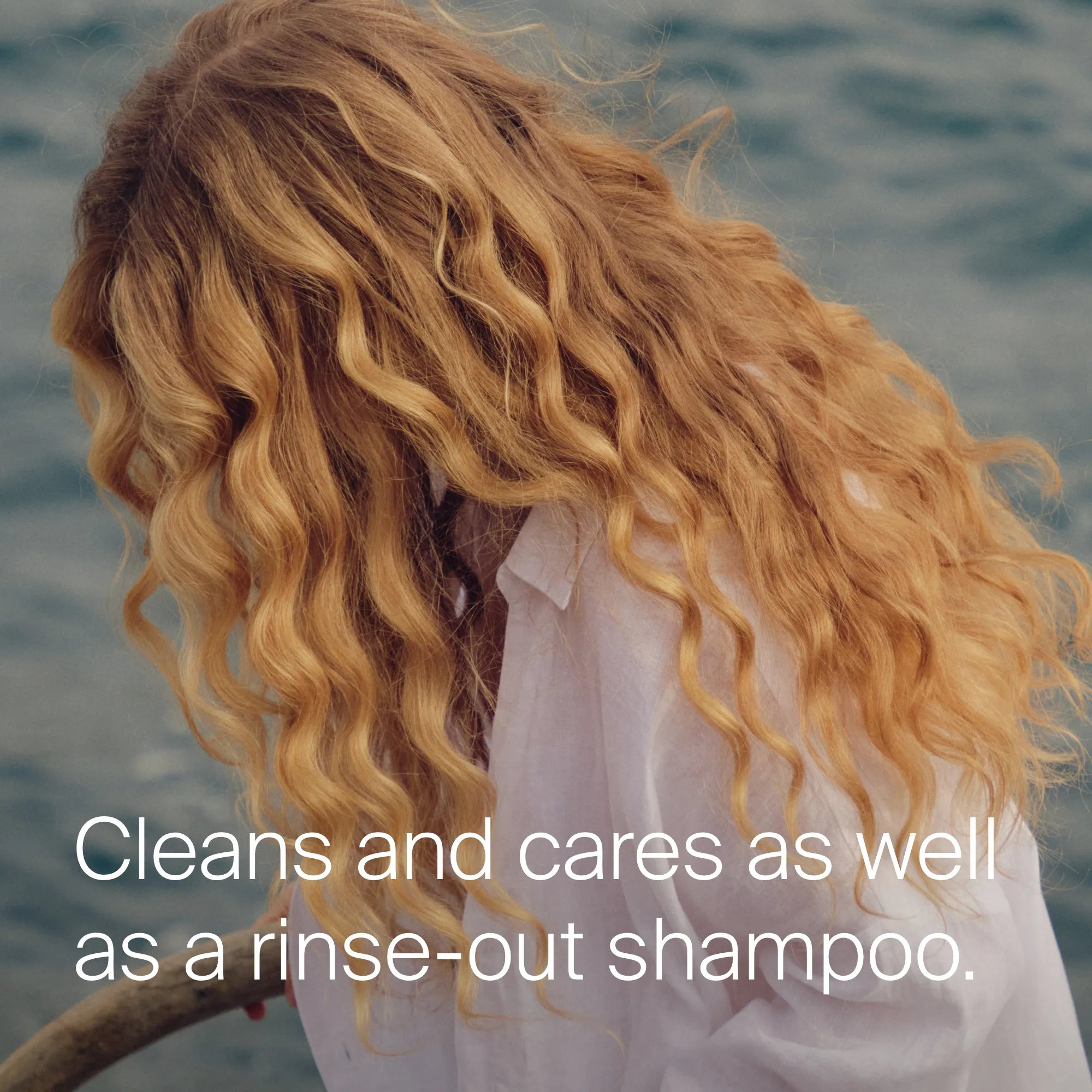 Person with wavy blonde hair by water, text overlay about shampoo.