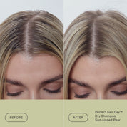 Before and after comparison of a woman's hair using Perfect hair Day dry shampoo.