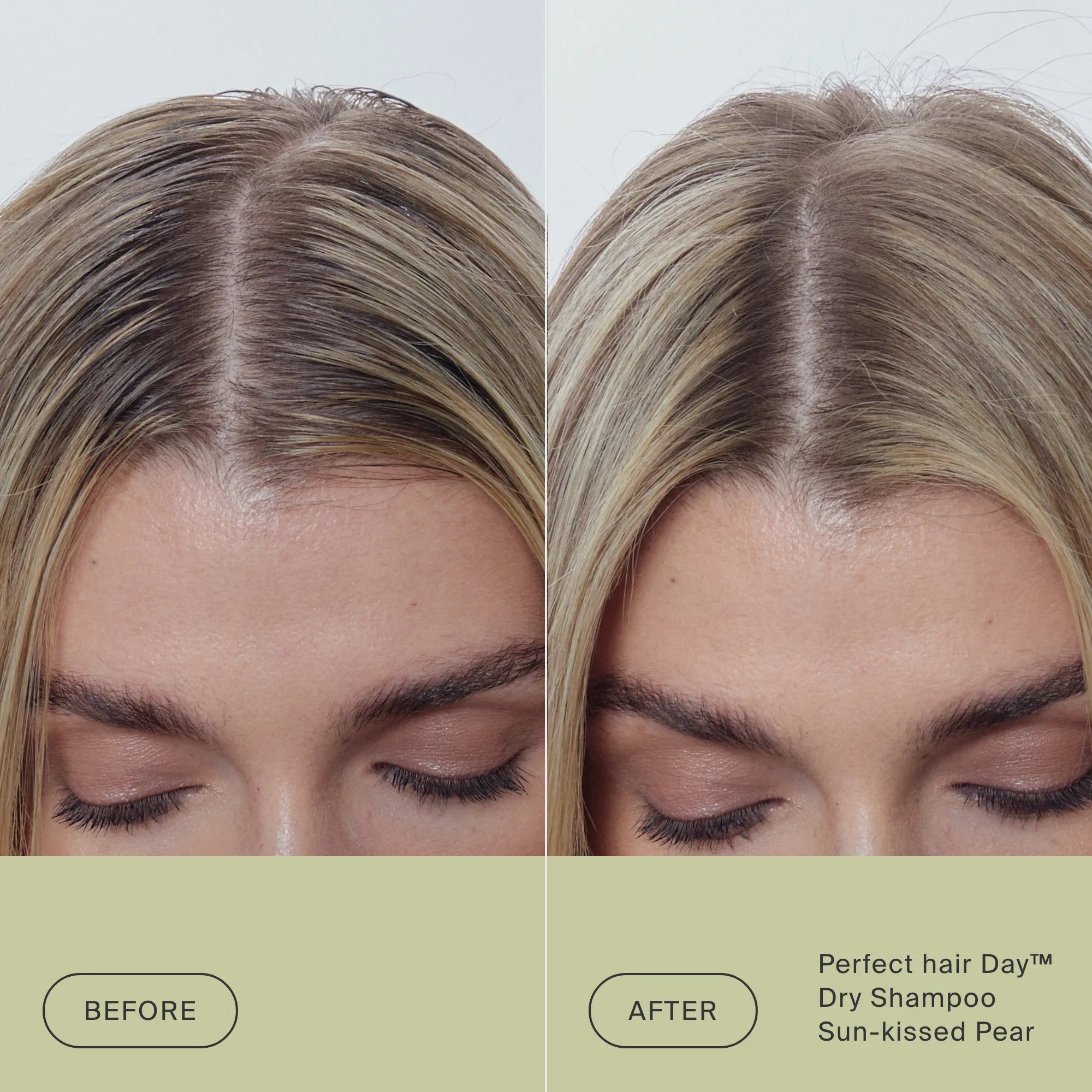 Before and after comparison of a woman's hair using Perfect hair Day dry shampoo.