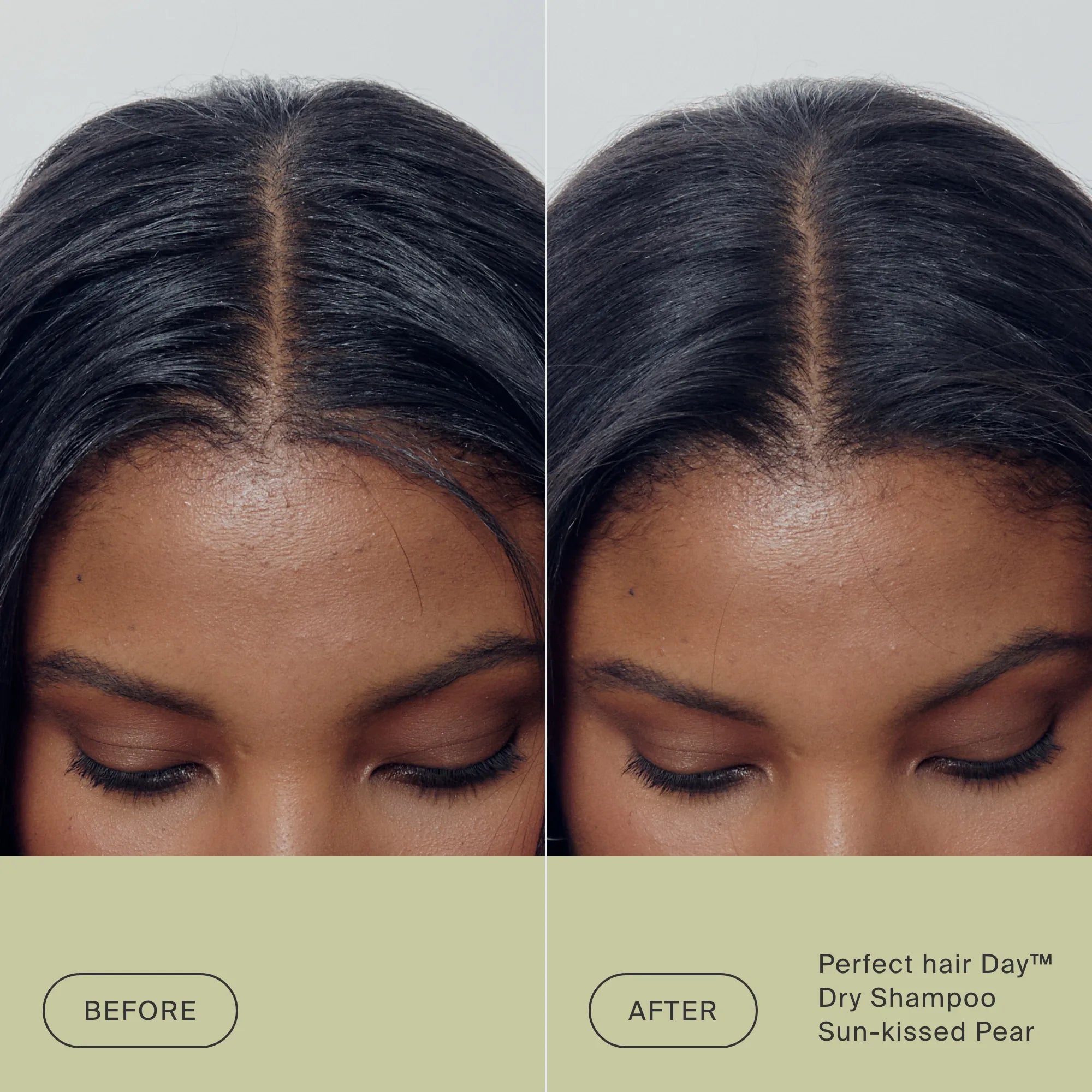 Before and after comparison of a woman's hair using Perfect hair Day dry shampoo.