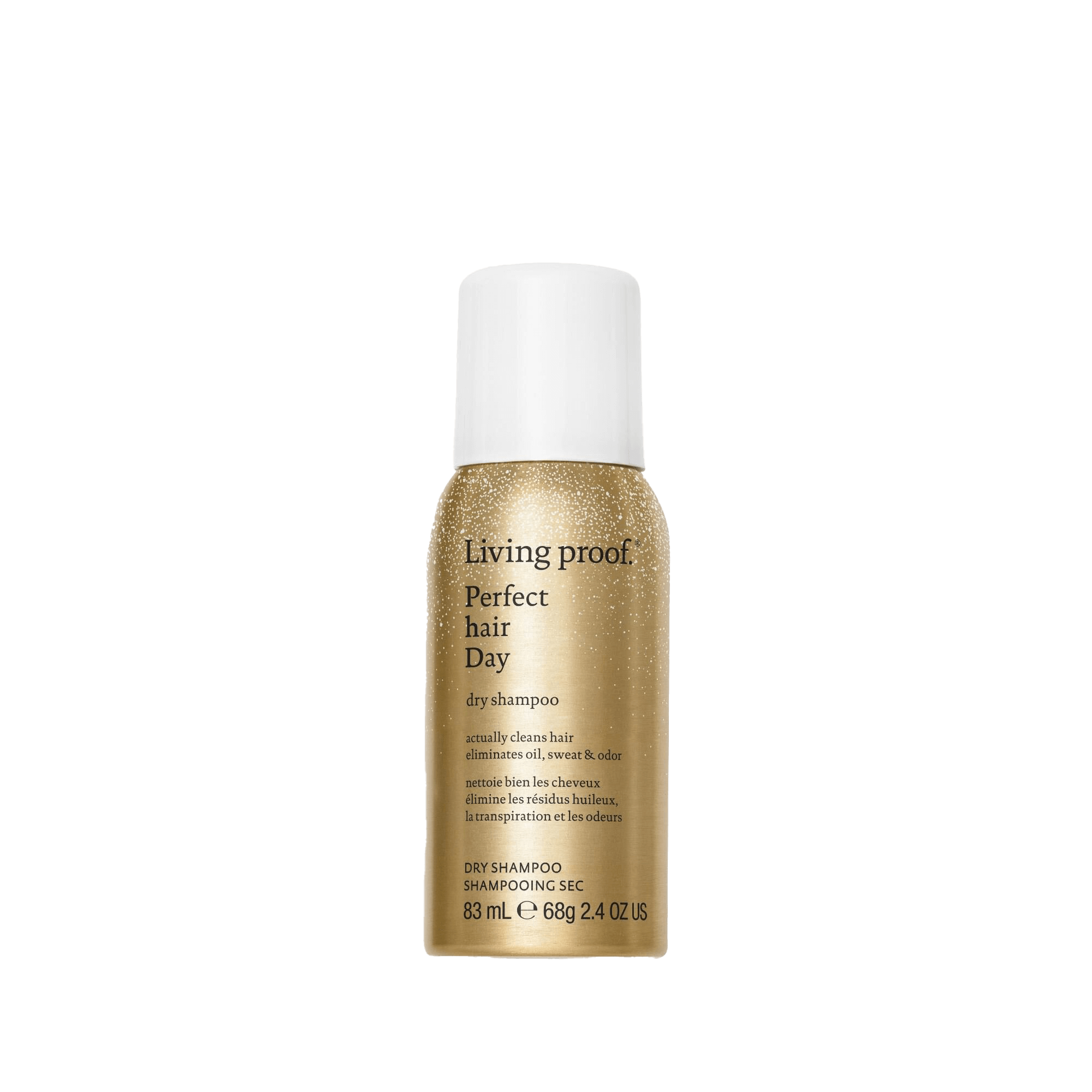 A gold bottle of Perfect hair Day™ Limited Edition Mini Dry Shampoo, 83 ml, with a white cap and black label text, absorbs oil to refresh hair—displayed on a plain white background.