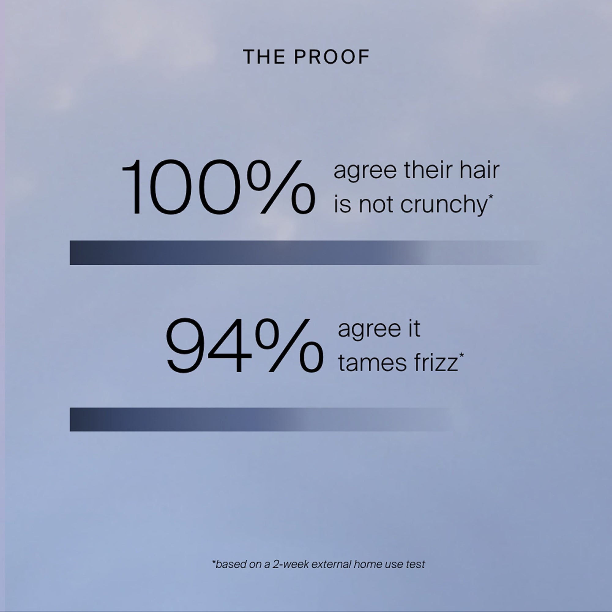 Graphic displaying survey results: 100% agree Style Lab® Air-Dry Styler leaves hair non-crunchy and 94% say it reduces frizz; results from a 2-week external home use test. Soft blue gradient background.