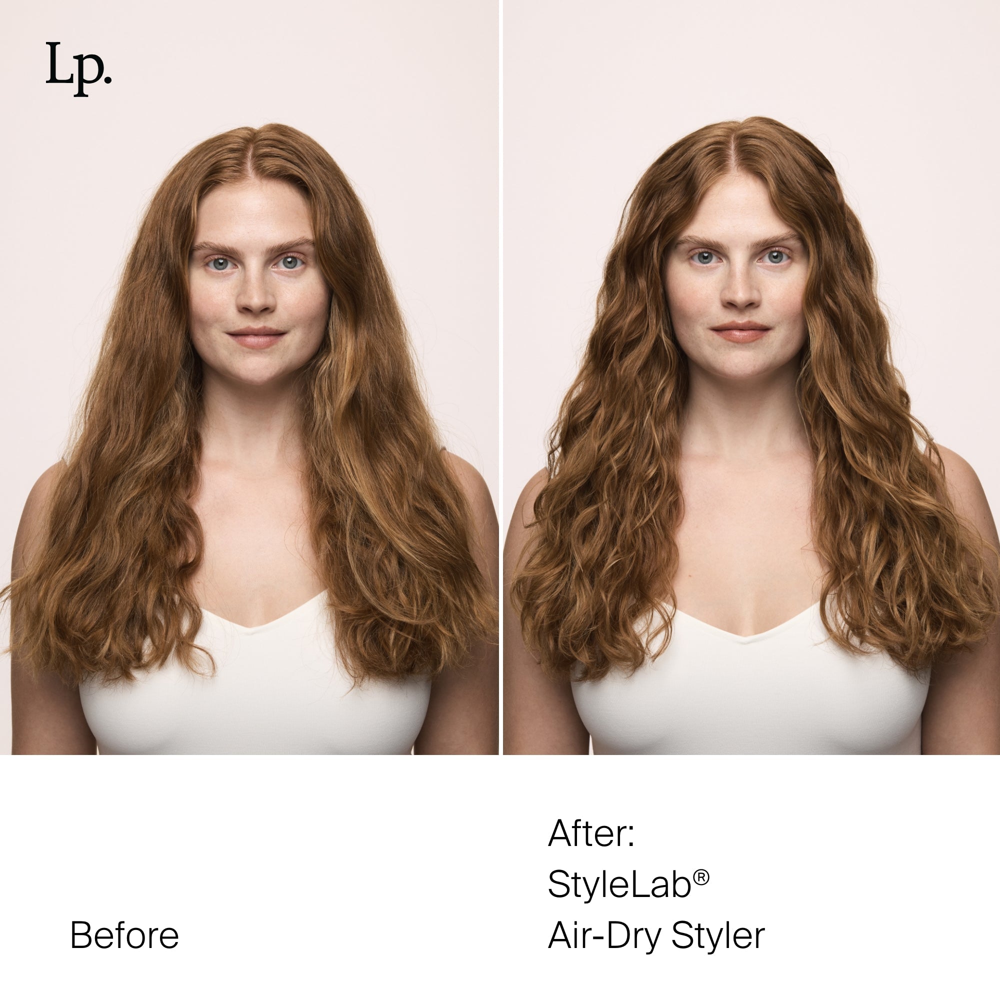 Side-by-side comparison of a woman with long, wavy auburn hair before and after using Style Lab® Air-Dry Styler, showing enhanced natural texture, smoother, more defined waves, and less frizz in the after image.