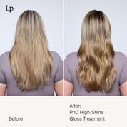 Side-by-side comparison of a woman’s back before and after using Perfect hair Day™ High-Shine Gloss. The “before” shows dull, straight hair; the “after” reveals vibrant color, boosted shine, and smoothness with soft waves.