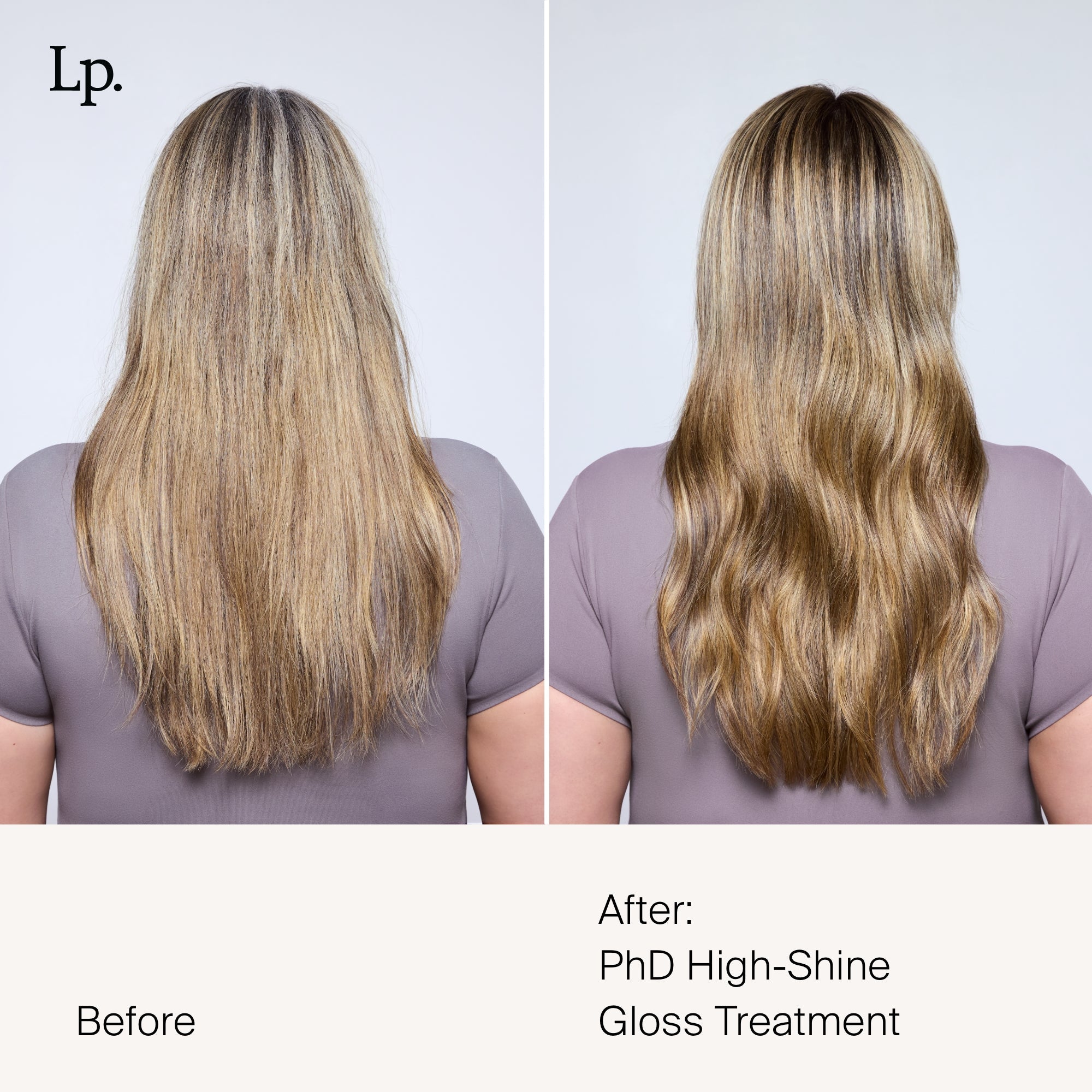 Side-by-side comparison of a woman’s back before and after using Perfect hair Day™ High-Shine Gloss. The “before” shows dull, straight hair; the “after” reveals vibrant color, boosted shine, and smoothness with soft waves.