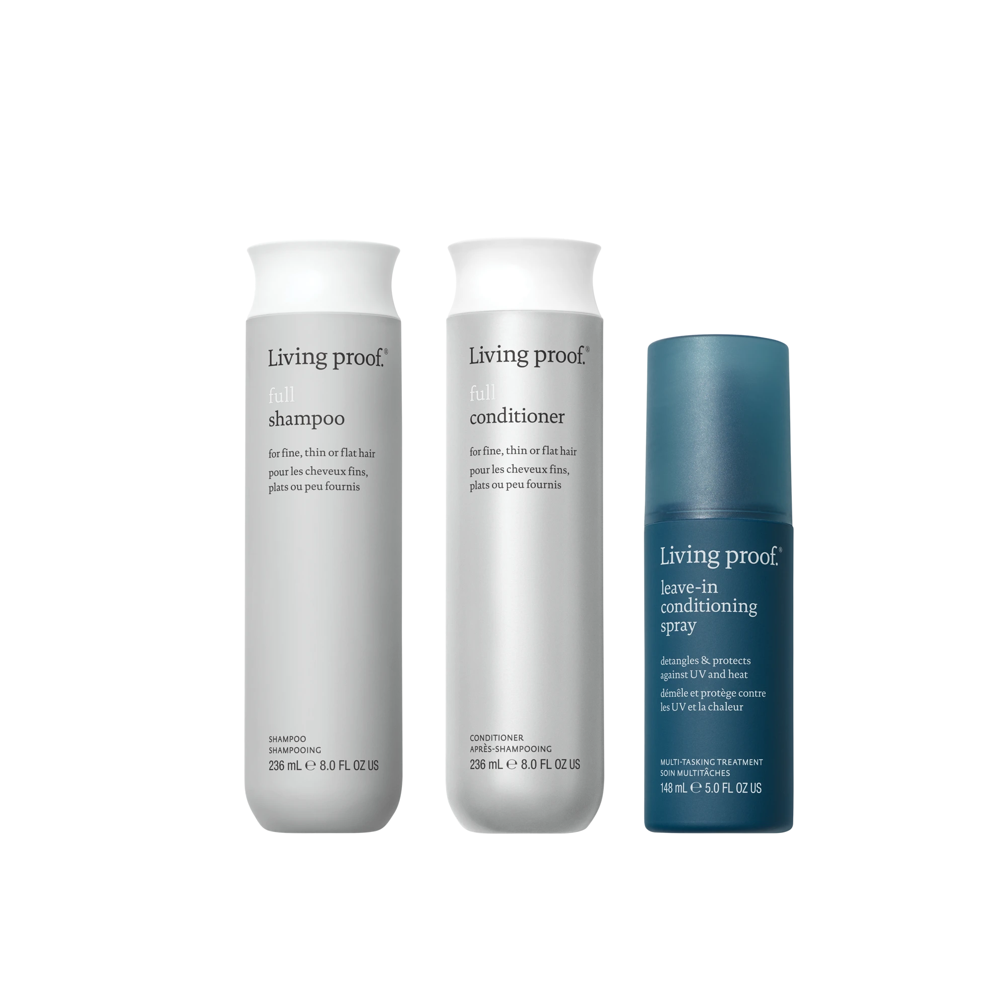 Three bottles of Living Proof hair care products on a white background