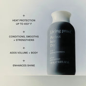 Benefits of Perfect hair Day 5-in-1 Treatment, including heat protection, volume + body, shine, and conditioning