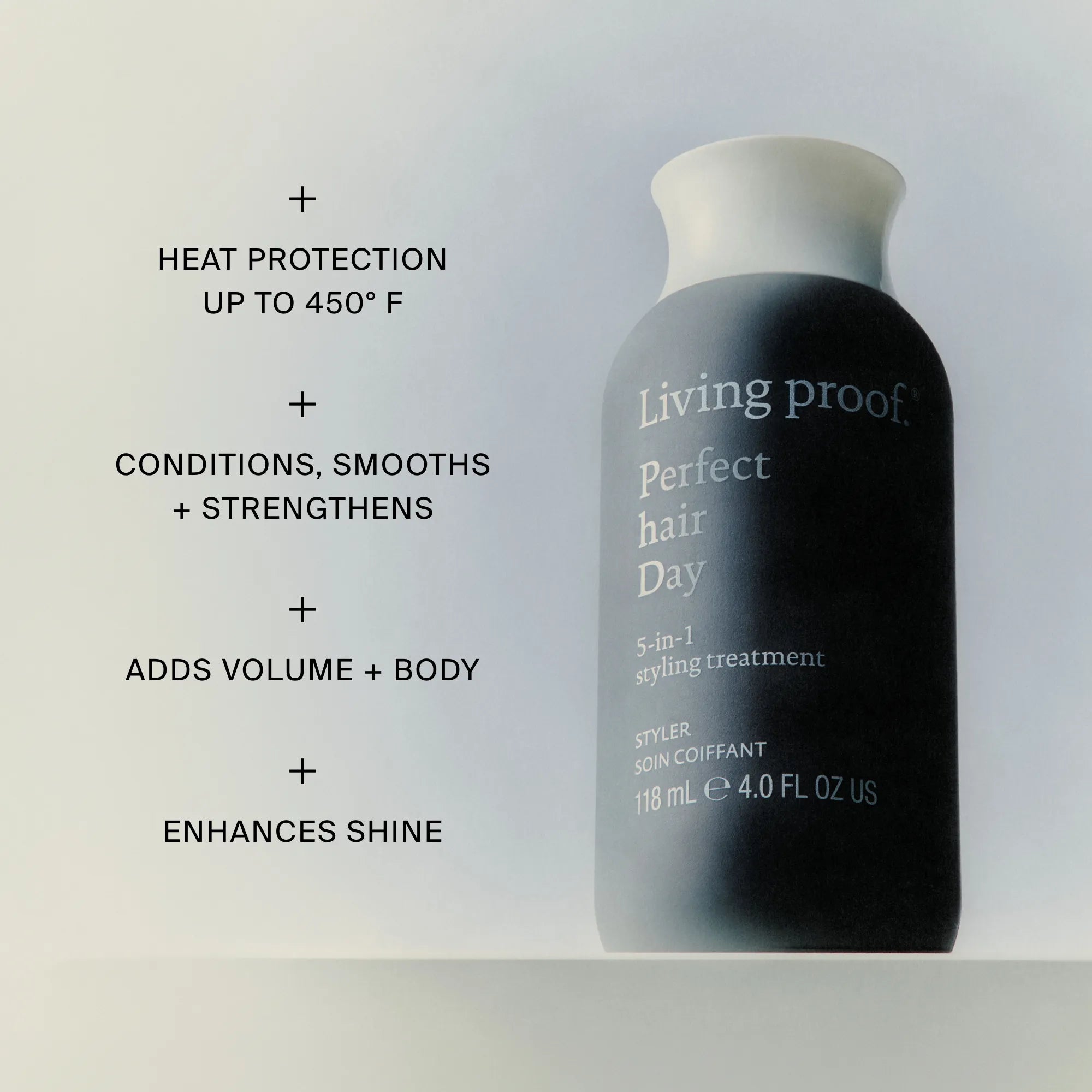Benefits of Perfect hair Day 5-in-1 Treatment, including heat protection, volume + body, shine, and conditioning