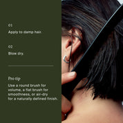 Instructions on how to use product by a woman combing her short, dark hair
