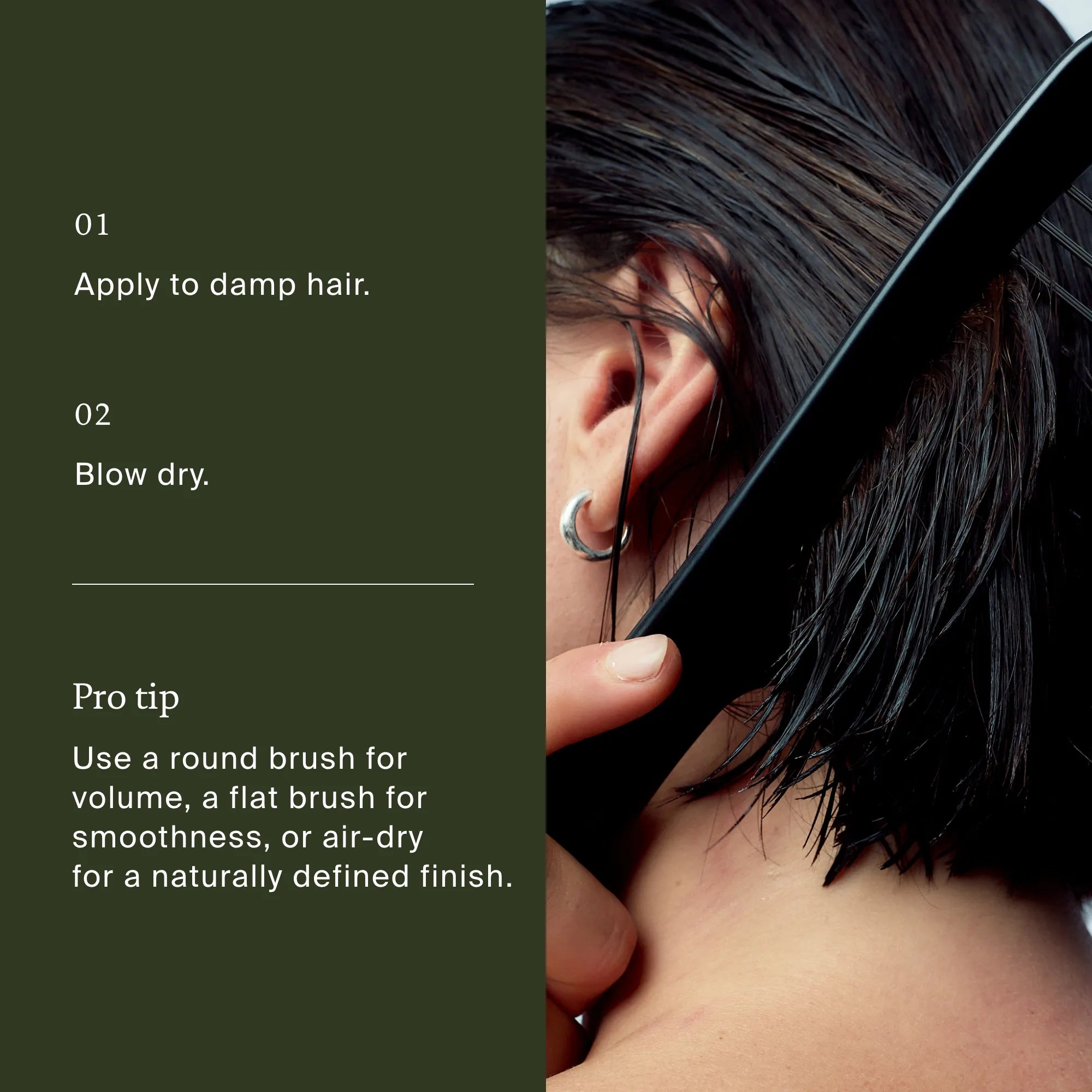 Instructions on how to use product by a woman combing her short, dark hair