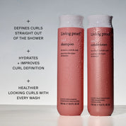Two pink bottles of Living Proof Curl Shampoo and Curl Conditioner stand upright with water droplets. Text highlights benefits: defines curls, detangles, hydrates, improves curl definition, and promotes healthier curls.