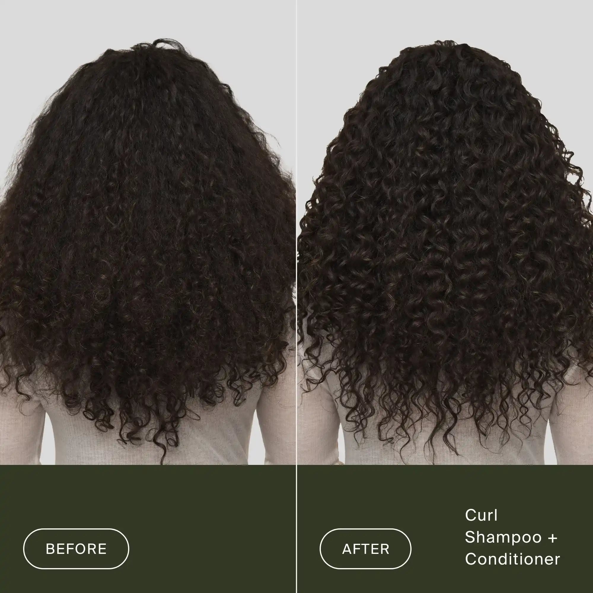 Split image showing the back of a person’s head with curly hair. Left side (“Before”) shows frizzy curls; right side (“After”) shows defined, shiny curls labeled Curl Shampoo + Curl Conditioner to detangle and define curls.