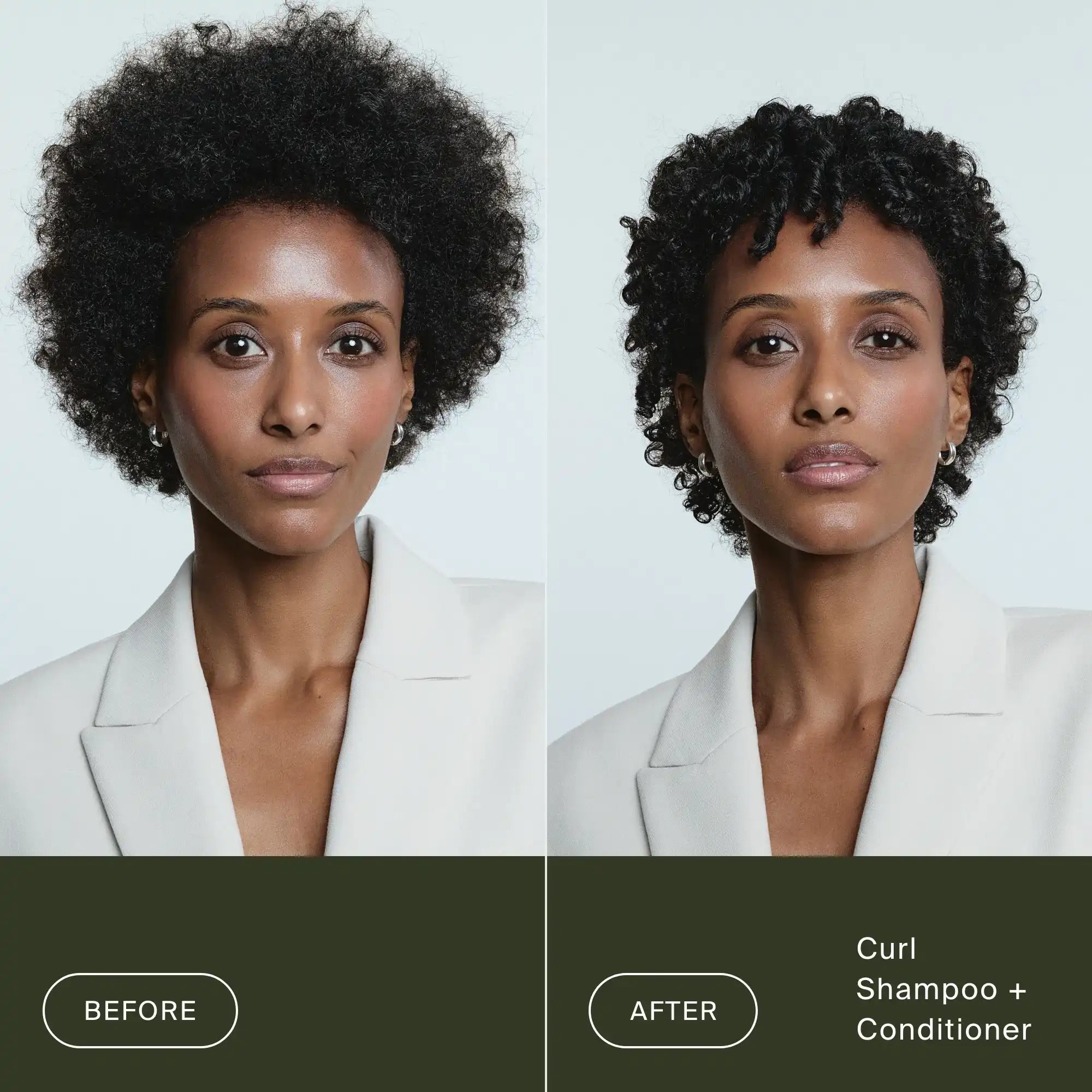 Side-by-side portraits of a woman. Left: natural, voluminous curly hair labeled Before. Right: defined, moisturized curls labeled After Curl Conditioner that detangles curls. She wears a light-colored blazer in both images.
