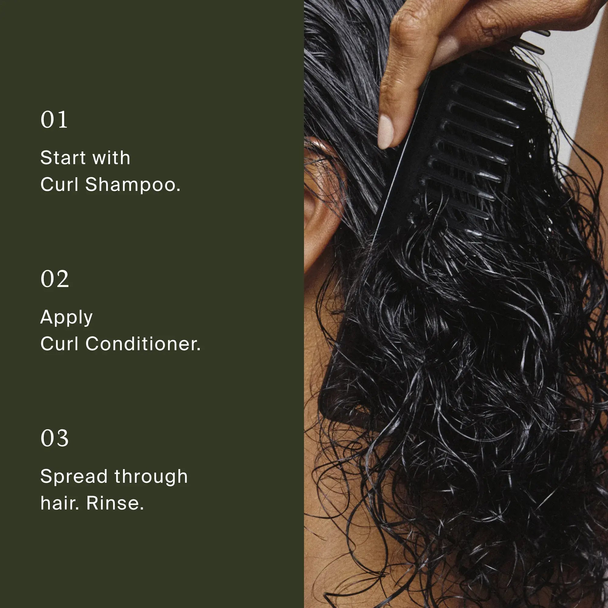 A person uses a wide-tooth comb to detangle wet, curly hair. Text explains curly hair care: begin with curl shampoo, then apply Curl Conditioner, spread throughout hair, and rinse.