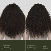 Side-by-side comparison: Before shows frizzy, undefined curls, while After reveals smooth, defined, and bouncy curls—thanks to Curl Definer.