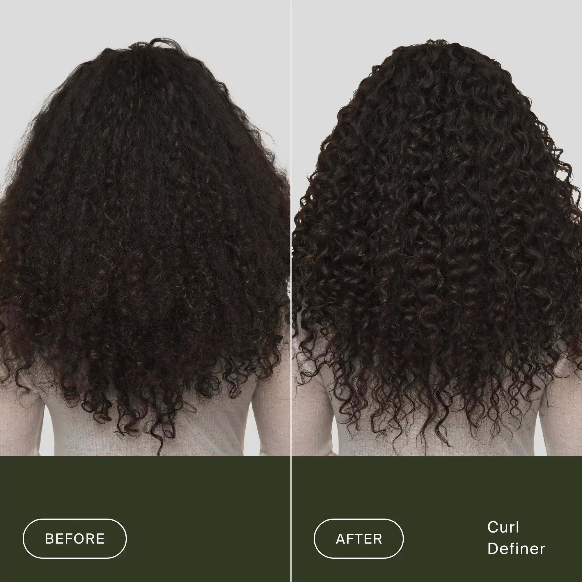 Side-by-side comparison: Before shows frizzy, undefined curls, while After reveals smooth, defined, and bouncy curls—thanks to Curl Definer.