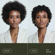 Side-by-side photos of a woman with short curly hair. Left: natural, voluminous curls (Before). Right: Curl Definer gives her frizz-free, defined curls (After). She wears a light blazer in both images.