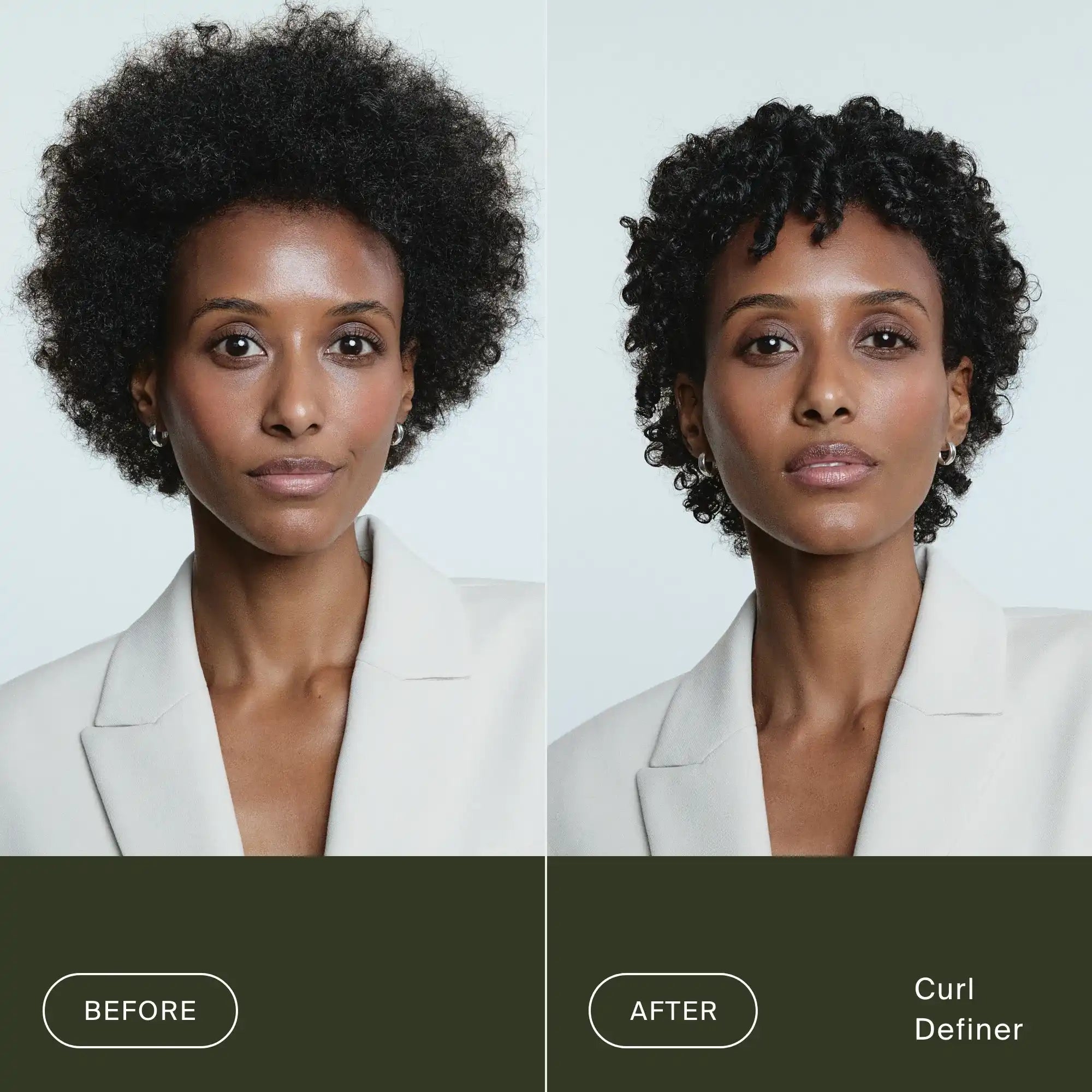 Side-by-side photos of a woman with short curly hair. Left: natural, voluminous curls (Before). Right: Curl Definer gives her frizz-free, defined curls (After). She wears a light blazer in both images.