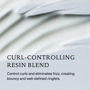Close-up of Curl Definer’s creamy white texture with smooth waves. Text: “Curl-controlling resin blend defines curls and eliminates frizz, creating bouncy, well-defined ringlets.”.