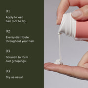 A hand squeezes Curl Definer onto the palm. Next to it, text explains how to use: apply Curl Definer to wet hair, distribute evenly, scrunch for defined curls, and dry as usual for frizz-free results.