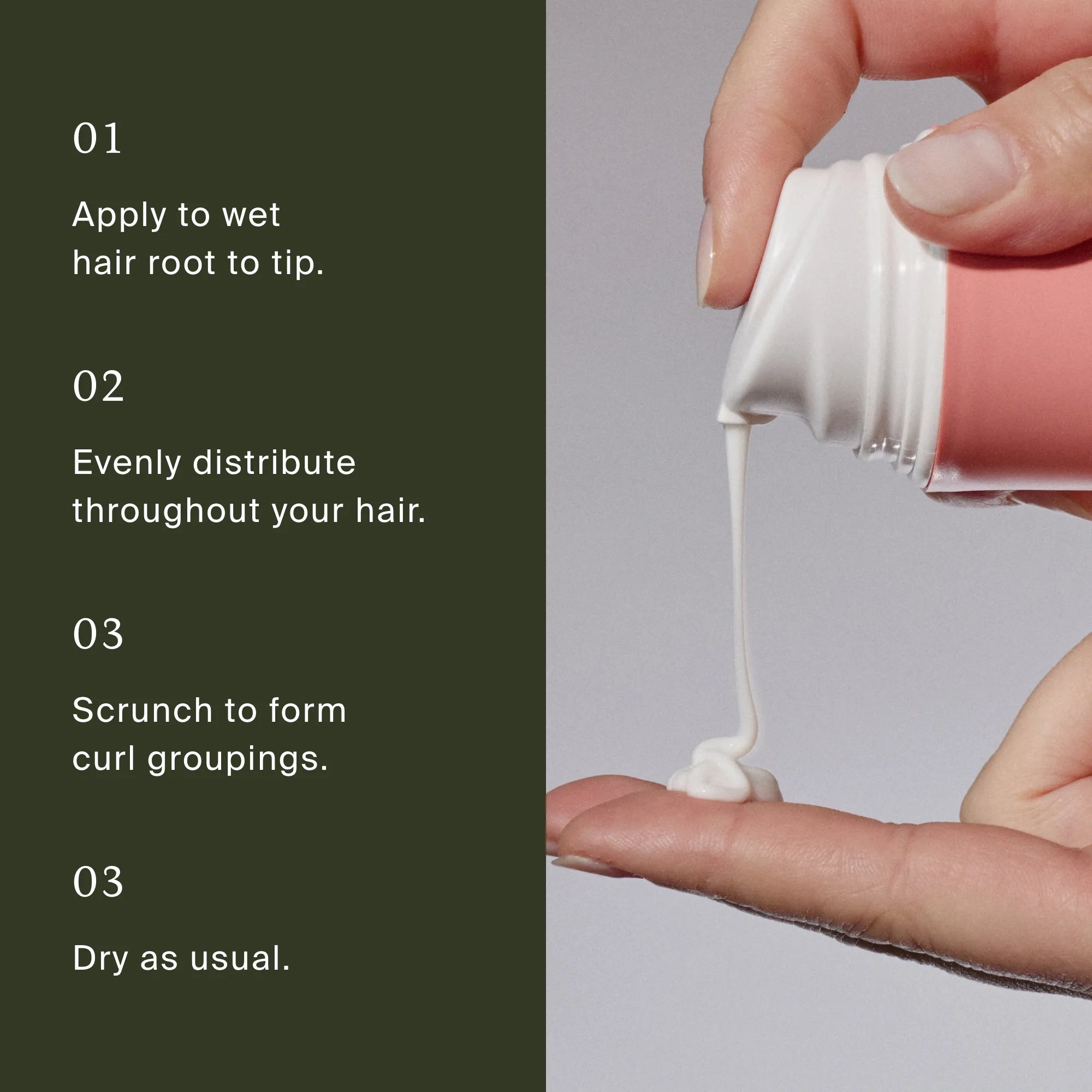 A hand squeezes Curl Definer onto the palm. Next to it, text explains how to use: apply Curl Definer to wet hair, distribute evenly, scrunch for defined curls, and dry as usual for frizz-free results.
