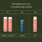 Three steps for a curl and conditioning routine: shampoo and conditioner bottles, detangling spray, and Curl Definer styling cream—all shown on a dark green background with clear section labels.