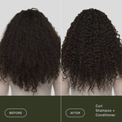 Side-by-side comparison of curly hair from the back: on the left, hair looks dry and frizzy (Before); on the right, curls appear defined and shiny after using our silicone-free Curl Shampoo.