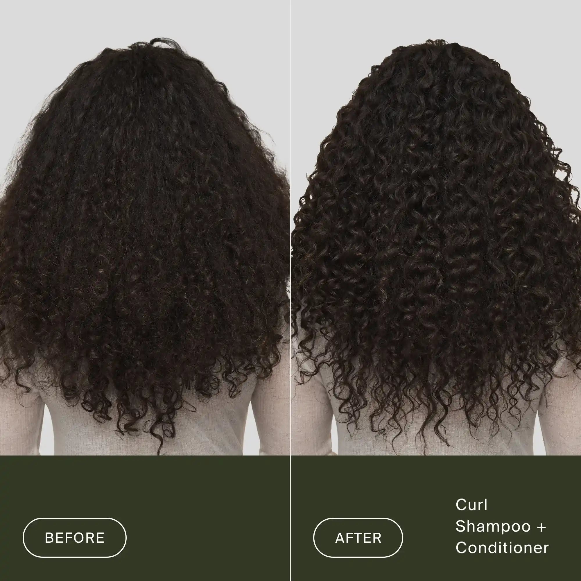 Side-by-side comparison of curly hair from the back: on the left, hair looks dry and frizzy (Before); on the right, curls appear defined and shiny after using our silicone-free Curl Shampoo.