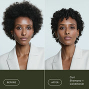 Side-by-side photos of a woman in a white blazer before and after using Curl Shampoo. On the left, her hair is voluminous and natural; on the right, her curls appear more defined and shiny.