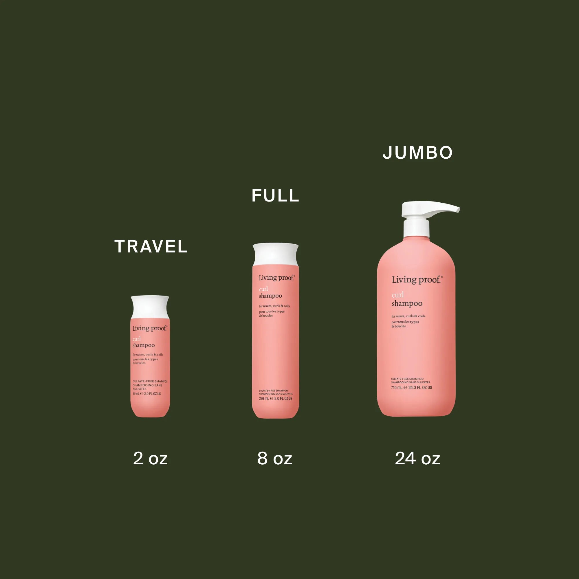 Three pink bottles of Curl Shampoo in travel (2 oz), full (8 oz), and jumbo (24 oz) sizes, each labeled with its size, are displayed on a dark green background. This silicone-free shampoo enhances curls beautifully.