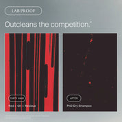 Comparison of dirty hair with oil and residue to clean hair after using PhD Dry Shampoo, labeled 'Lab Proof'.