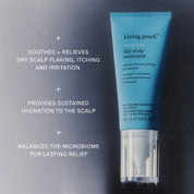 Living Proof dry scalp treatment tube on a dark background with text about its benefits.