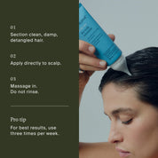 Person applying a blue hair care product to their scalp with text instructions on a green background.