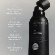 Living Proof flex hairspray bottle with product features on a gray background
