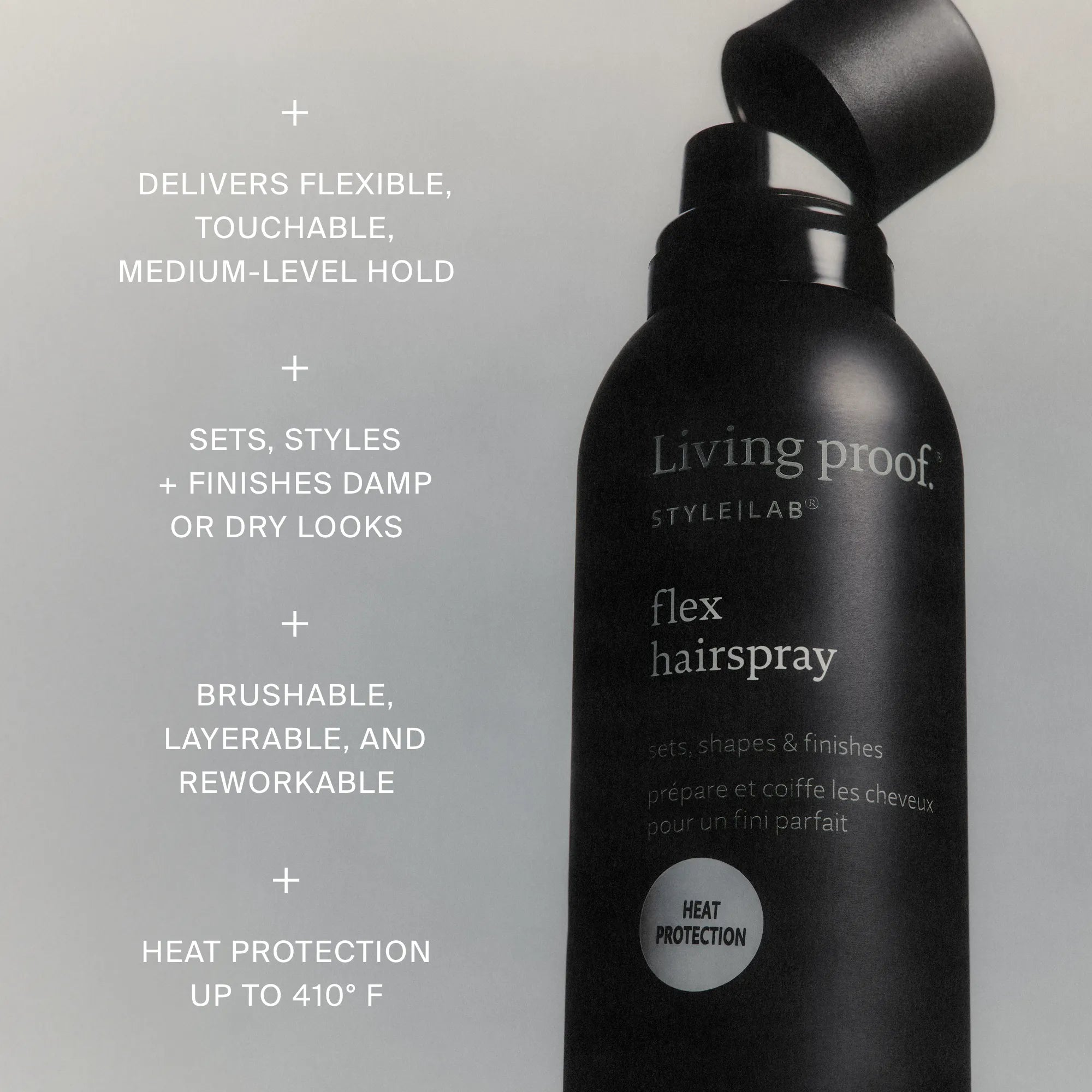 Living Proof flex hairspray bottle with product features on a gray background